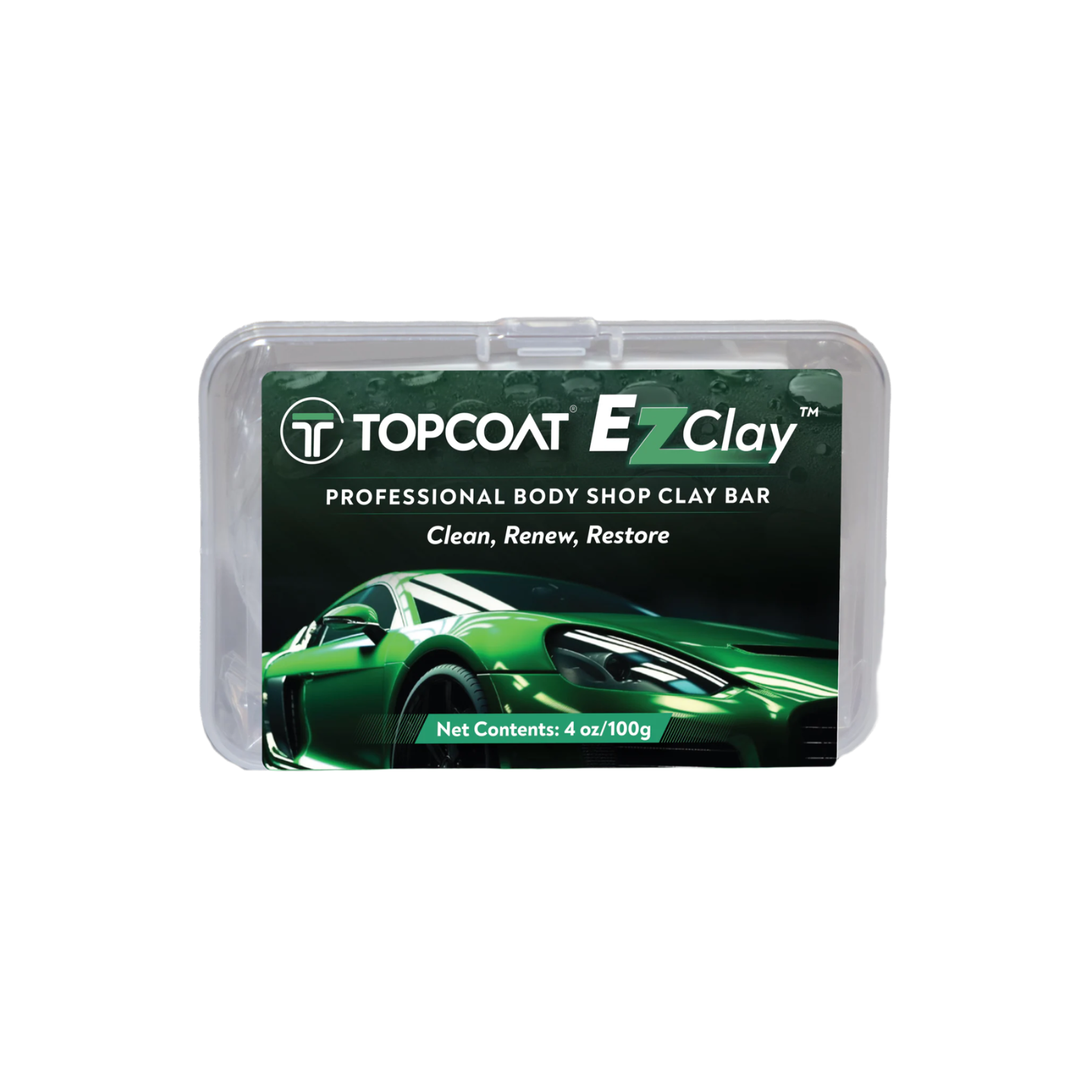 Packaging of Topcoat EZClay professional body shop clay bar with a green car illustration, indicating the product's use for cleaning, renewing, and restoring.