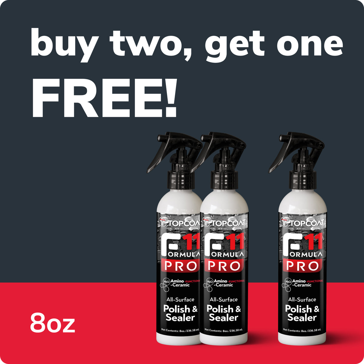Three bottles of Topcoon Formula Pro Alpha Ceramic All-Surface Polish & Sealer, 8oz each, displayed against a dark gray background with a red bottom band and promotional text reading 'buy two, get one FREE!'.