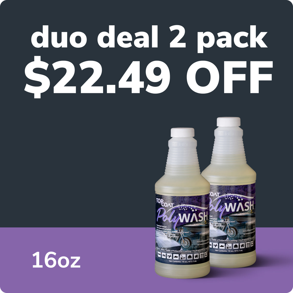 Promotional graphic for a 16oz Duo Coat PolyWash waxing spray duo deal 2 pack, showing two bottles of the product on a purple and dark gray background with text reading 'duo deal 2 pack $22.49 OFF' and '16oz'.