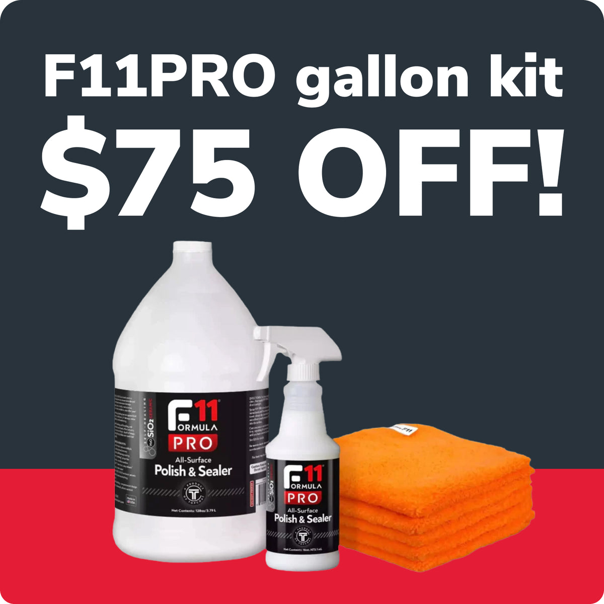 F11PRO gallon kit promotional graphic showing a large white bottle, a smaller spray bottle, and a stack of orange microfiber cloths on a dark gray background with a red band at the bottom and large white text reading 'F11PRO gallon kit $75 OFF!'.
