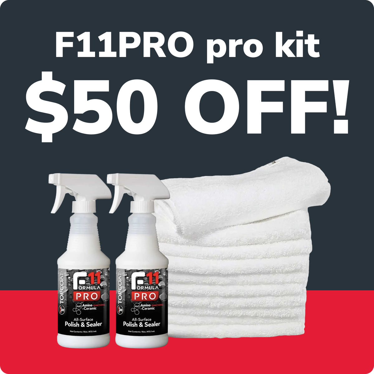 F11PRO pro kit promotional graphic showing two white spray bottles labeled F11PRO Polish & Sealer next to a stack of white towels, with large text reading 'F11PRO pro kit $50 OFF!' on a dark gray background with a red band at the bottom.