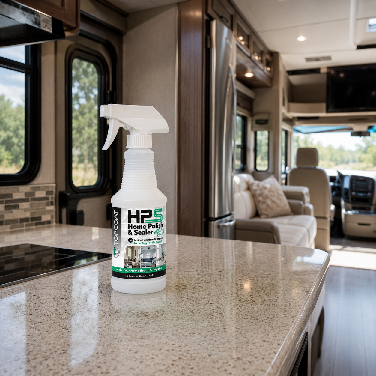 Home Polish & Sealer bottle with a green cloth on a countertop inside an RV.