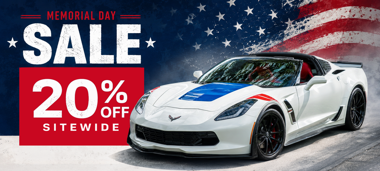 Promotional banner for Memorial Day sale with a white sports car and American flag background.