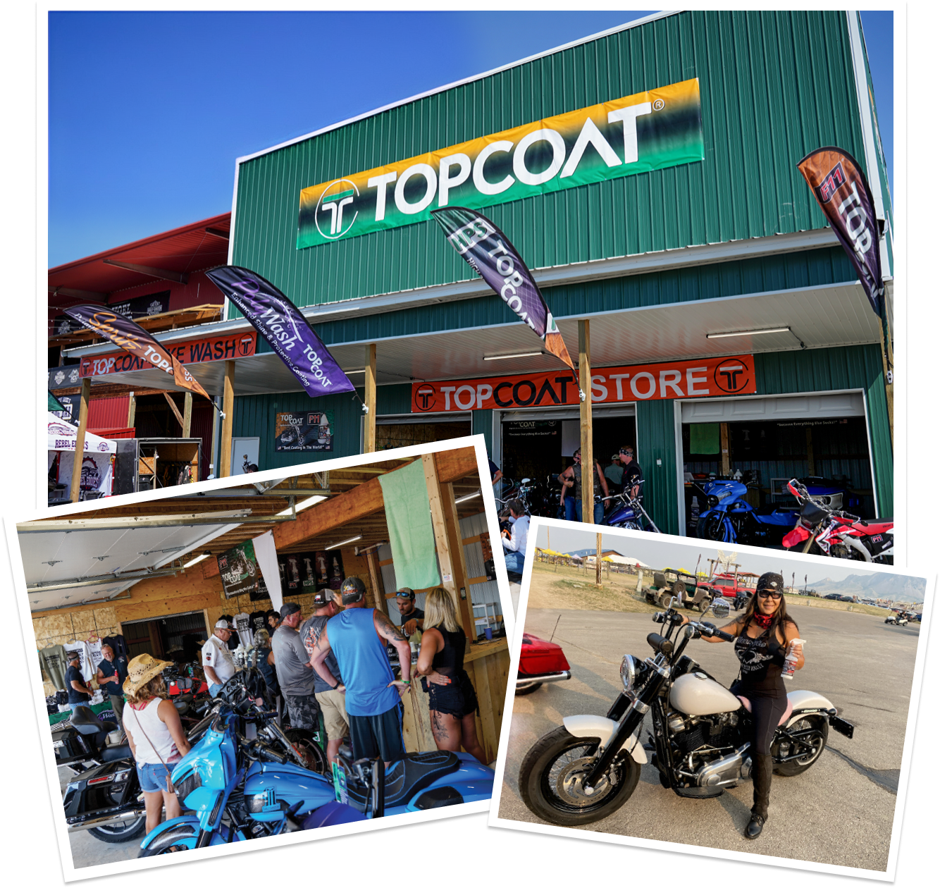 A collage showing the Topcoat store exterior, people inside the shop, and a woman riding a cruiser motorcycle outdoors. The Topcoat logo is prominently visible on the building, with store signage and promotional flags.
